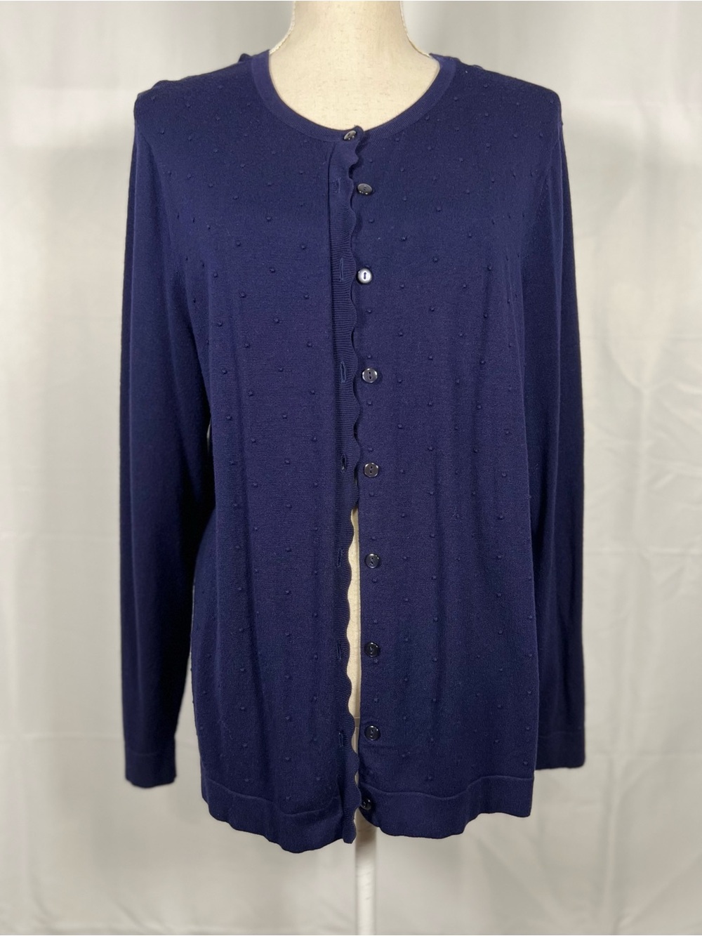 Croft & Barrow XL Navy Blue Scalloped Front Swiss Dot Cardigan Sweater Classic - Picture 2 of 9